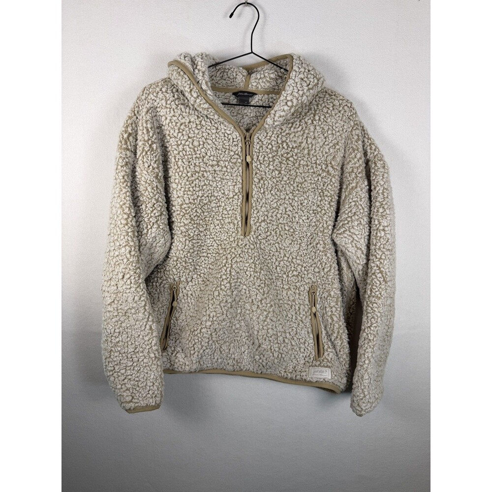 Eddie Bauer Womens XL Tan Beige Sherpa Fleece Quarter Zip Hooded Sweatshirt Top